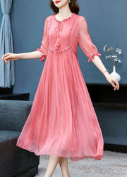French Pink O Neck Wrinkled Patchwork Silk Dress Summer