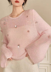French Pink O Neck Zircon Sequins Thin Knit Top Spring