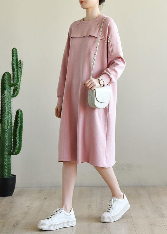 French Pink Patchwork Cotton Long sleeve Spring Vacation Dresses - SooLinen