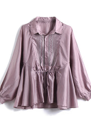 French Pink Peter Pan Collar Patchwork Drawstring Button Silk Shirts Long Sleeve