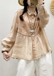 French Pink Peter Pan Collar Wrinkled Patchwork Linen Top Long Sleeve