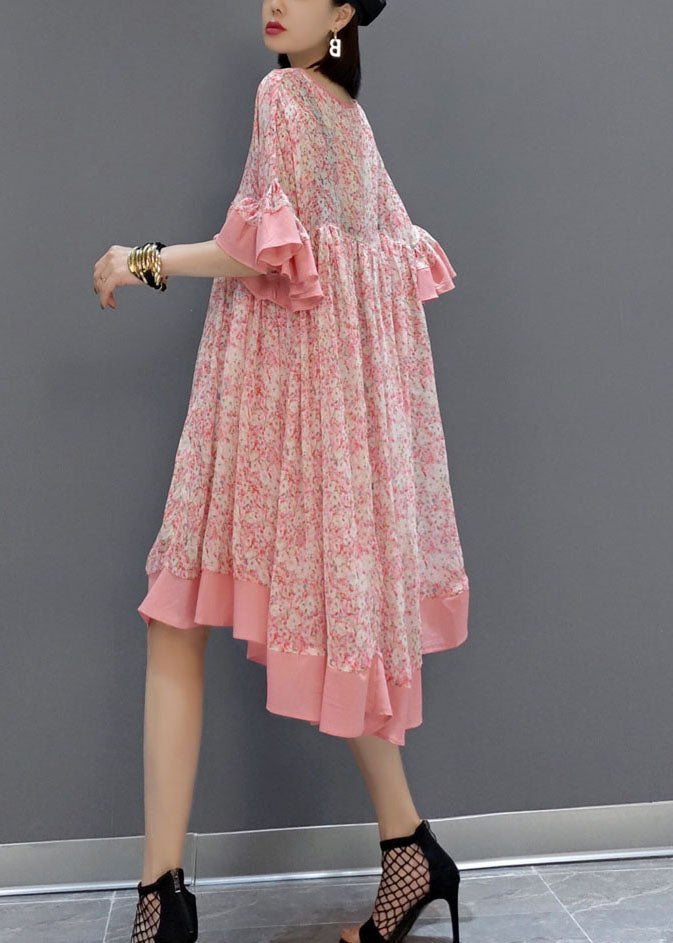 French Pink Print Exra Large Hem Chiffon Mid Dress Summer