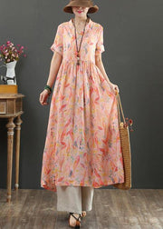 French Pink Print High Waist Summer Linen Dress - SooLinen