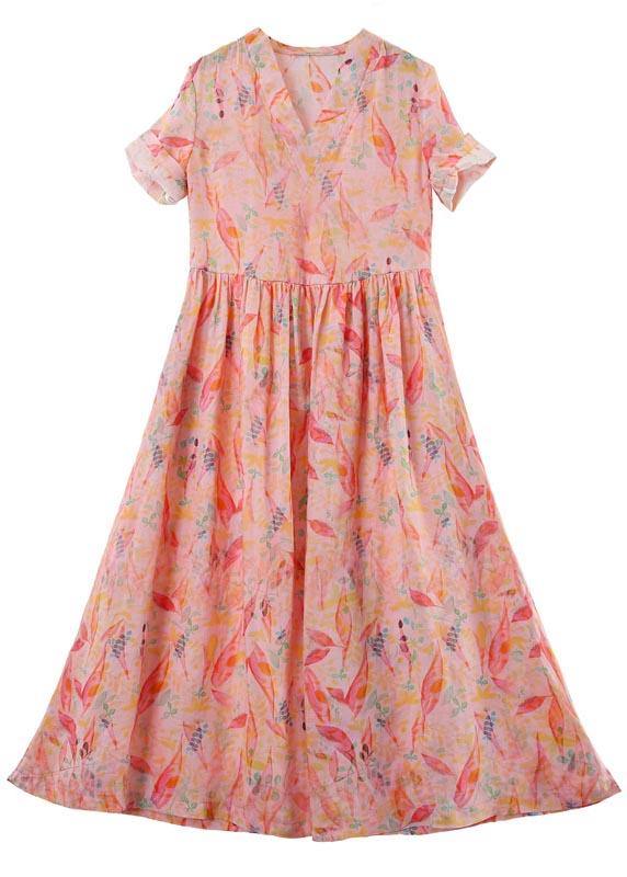 French Pink Print High Waist Summer Linen Dress - SooLinen