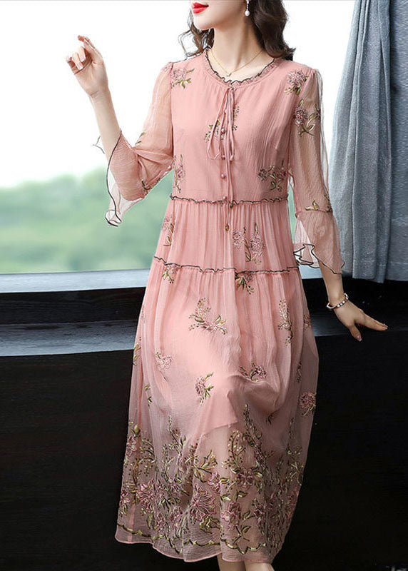 French Pink Ruffled Collar Embroidered Silk Maxi Dresses Flare Sleeve