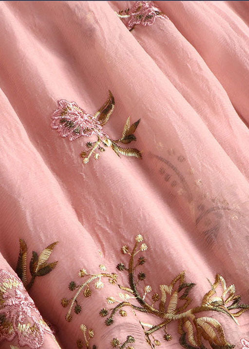 French Pink Ruffled Collar Embroidered Silk Maxi Dresses Flare Sleeve