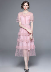 French Pink Ruffled Nail Bead Patchwork Tulle Long Dresses Summer