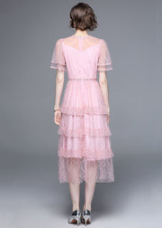 French Pink Ruffled Nail Bead Patchwork Tulle Long Dresses Summer