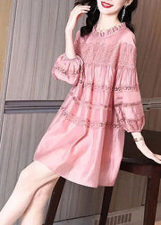 French Pink Ruffled Patchwork Lace Silk Dresses Saia Puff Sleeve