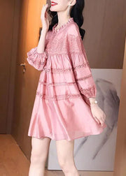 French Pink Ruffled Patchwork Lace Silk Dresses Saia Puff Sleeve