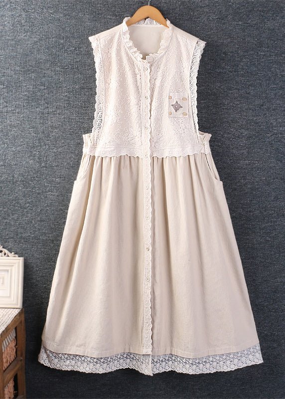 French Pink Ruffled Pockets Lace Patchwork Corduroy Dress Sleeveless