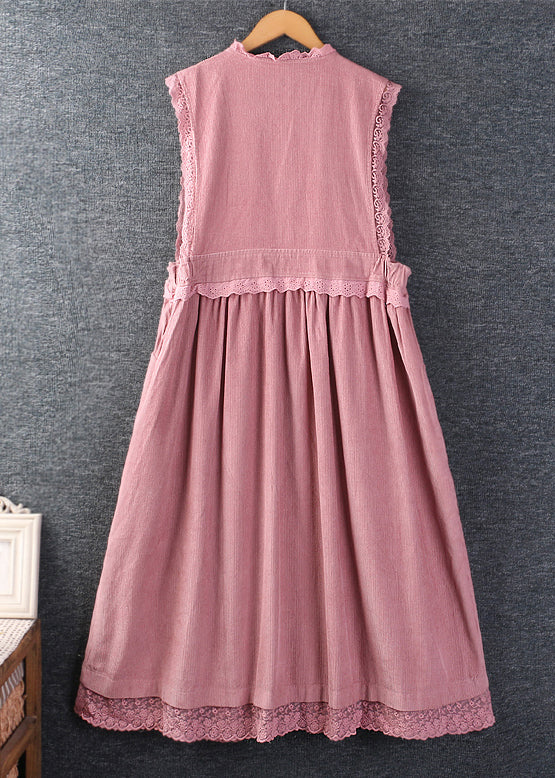 French Pink Ruffled Pockets Lace Patchwork Corduroy Dress Sleeveless