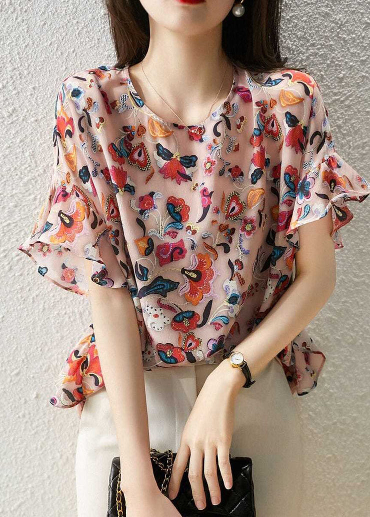 French Pink Ruffled Print Patchwork Silk Top Summer