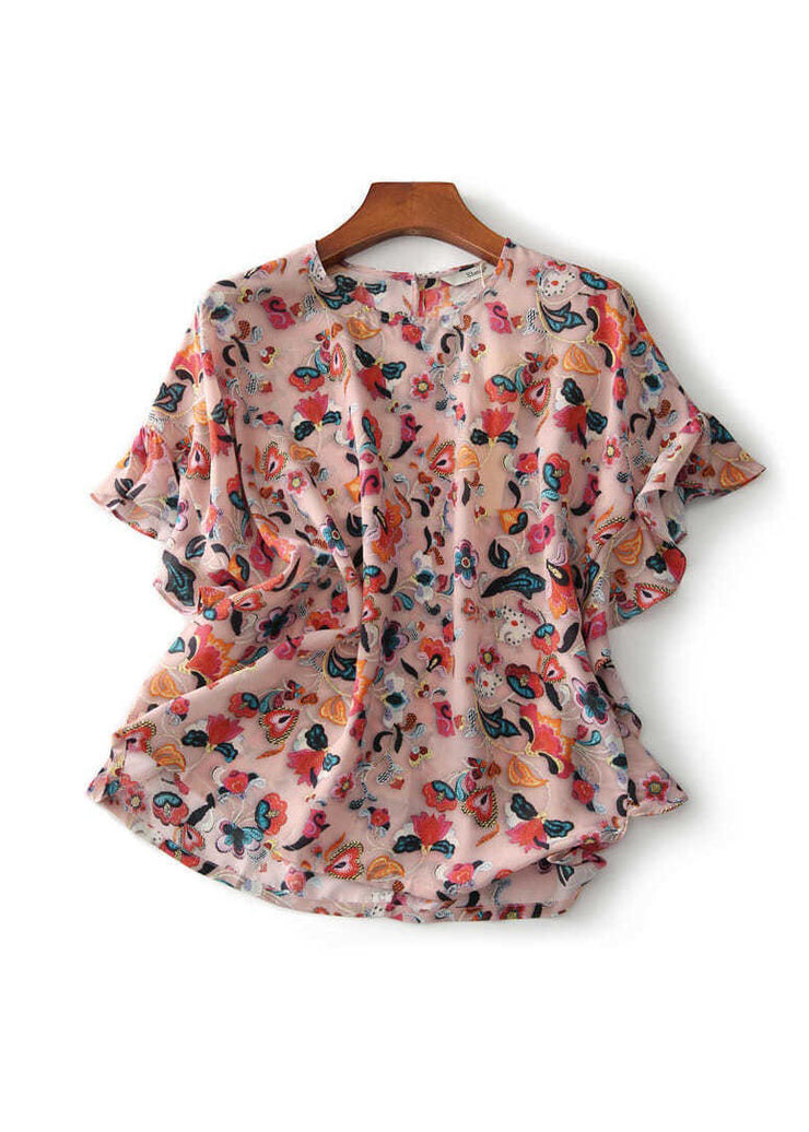 French Pink Ruffled Print Patchwork Silk Top Summer