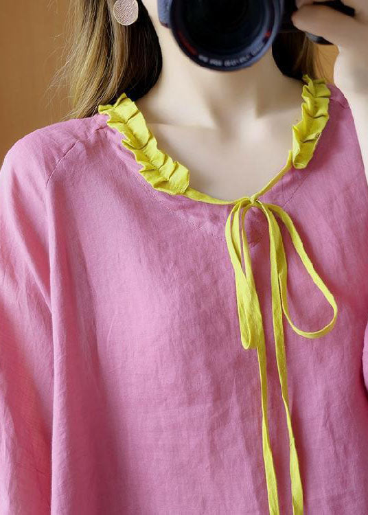 French Pink Rüschenkrawatte Asymmetrisches Design Herbsthemd Ärmel mit drei Vierteln