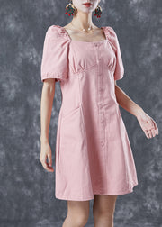 French Pink Square Collar Bustier Top Denim Mid Dresses Summer