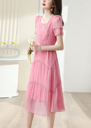 French Pink Square Collar Tie Waist Cotton Dress Short Sleeve