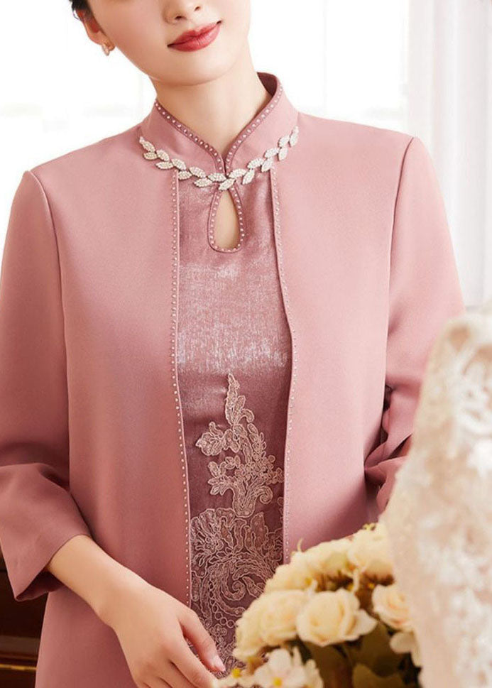 French Pink Stand Collar Embroidered Patchwork Zircon Silk Cheongsam Dresses Long Sleeve
