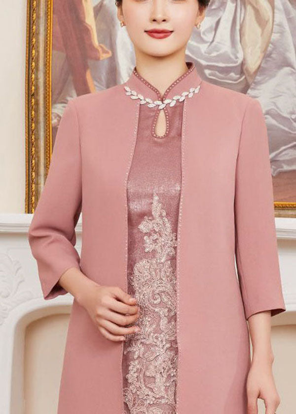 French Pink Stand Collar Embroidered Patchwork Zircon Silk Cheongsam Dresses Long Sleeve