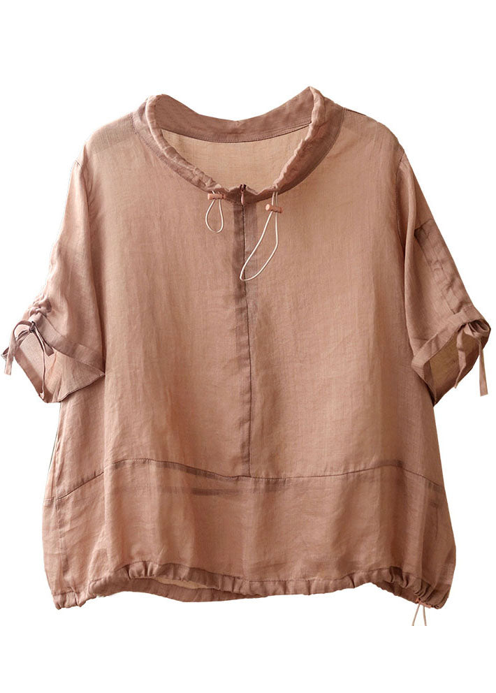 French Pink Stand Collar Patchwork Drawstring Linen Blouses Short Sleeve