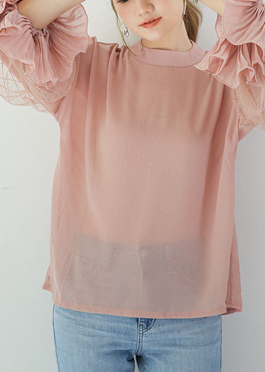 French Pink Stand Collar Patchwork Ruffles Cotton Shirts Puff Sleeve