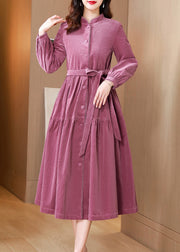 French Pink Stand Collar Tie Waist Patchwork Corduroy Dresses Fall