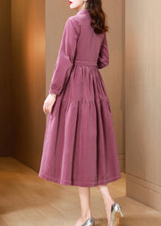 French Pink Stand Collar Tie Waist Patchwork Corduroy Dresses Fall