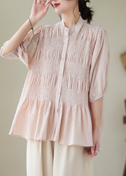 French Pink Stand Collar Wrinkled Cotton Shirt Top Half Sleeve