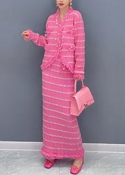 French Pink Striped Tasseled Patchwork Knit Two Pieces Set Fall