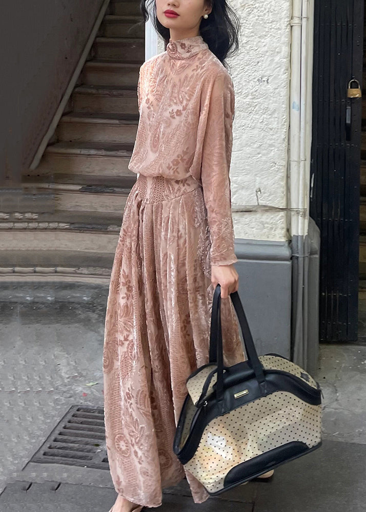 French Pink Turtleneck Print Silk Velvet Long Dress Long Sleeve
