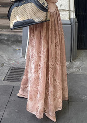 French Pink Turtleneck Print Silk Velvet Long Dress Long Sleeve