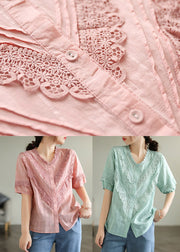French Pink V Neck Lace Patchwork Button Cotton Shirt Short Sleeve