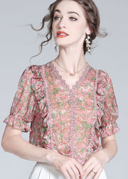 French Pink V Neck Lace Patchwork Print Silk Blouse Top Summer