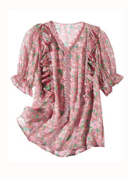 French Pink V Neck Lace Patchwork Print Silk Blouse Top Summer