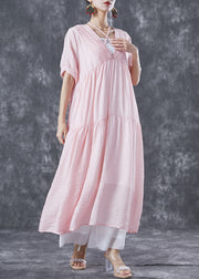 French Pink V Neck Patchwork Exra Large Hem Cotton Holiday Dress Summer