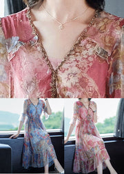 French Pink V Neck Print Chiffon Beach Dress Flare Sleeve