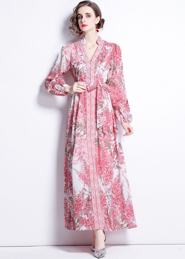 French Pink V Neck Tie Waist Print Patchwork Cotton Long Dresses Lantern Sleeve