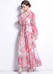 French Pink V Neck Tie Waist Print Patchwork Cotton Long Dresses Lantern Sleeve