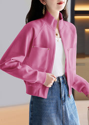 French Pink Zip Up Pockets Cotton Coat Outwear Spring