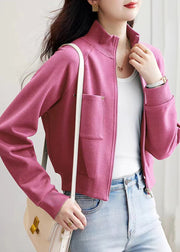 French Pink Zip Up Pockets Cotton Coat Outwear Spring