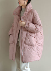 French Pink Zippered Oriental Button Duck Down Puffer Coat Winter