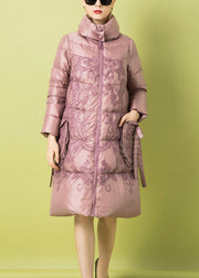 French Pink Zippered Print Pockets Duck Down Coat Winter