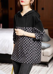 French Plaid Hooded Patchwork Cotton Top Long Sleeve