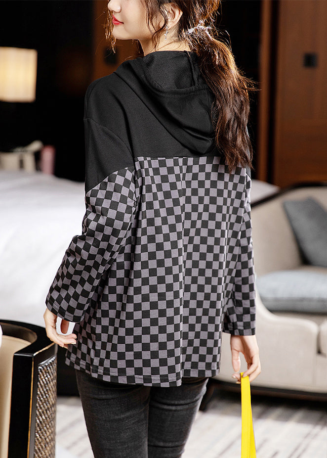 French Plaid Hooded Patchwork Cotton Top Long Sleeve
