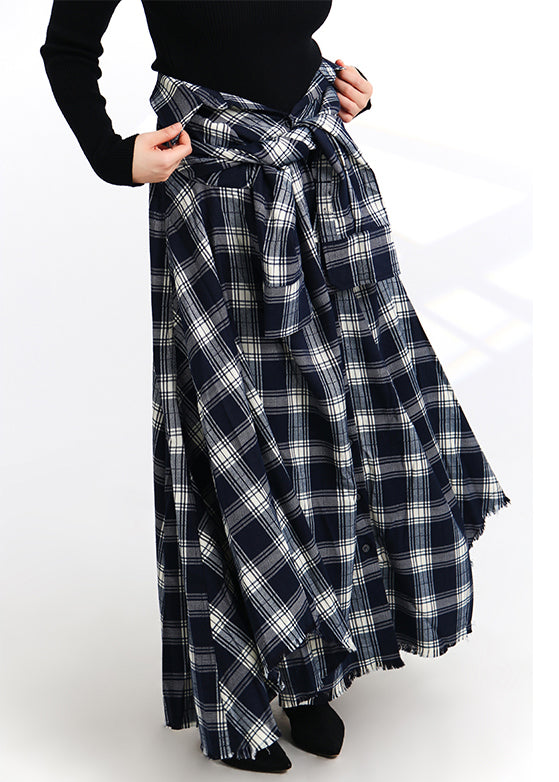 French Plaid Lace Up Button Elastic Waist Cotton Skirt Spring