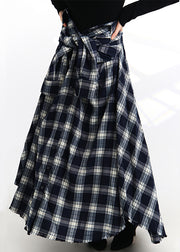 French Plaid Lace Up Button Elastic Waist Cotton Skirt Spring