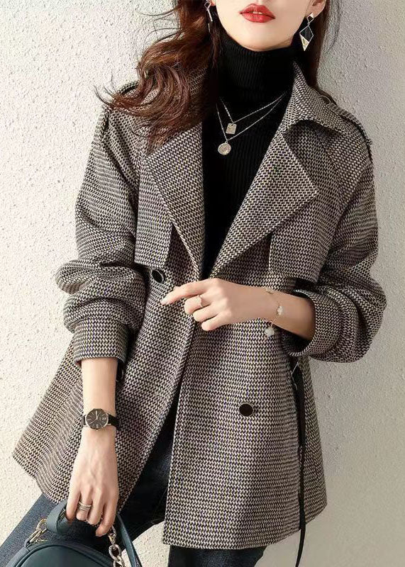 French Plaid Peter Pan Collar Pockets Patchwork Woolen Coats Fall