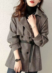 French Plaid Peter Pan Collar Pockets Patchwork Woolen Coats Fall