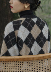 French Plaid V Neck Button  Knit Coats Long Sleeve