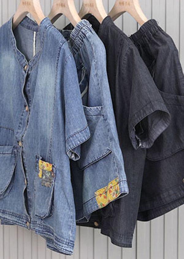 French Pockets hot pants Denim Black Short Sleeve Two Pieces Set - SooLinen